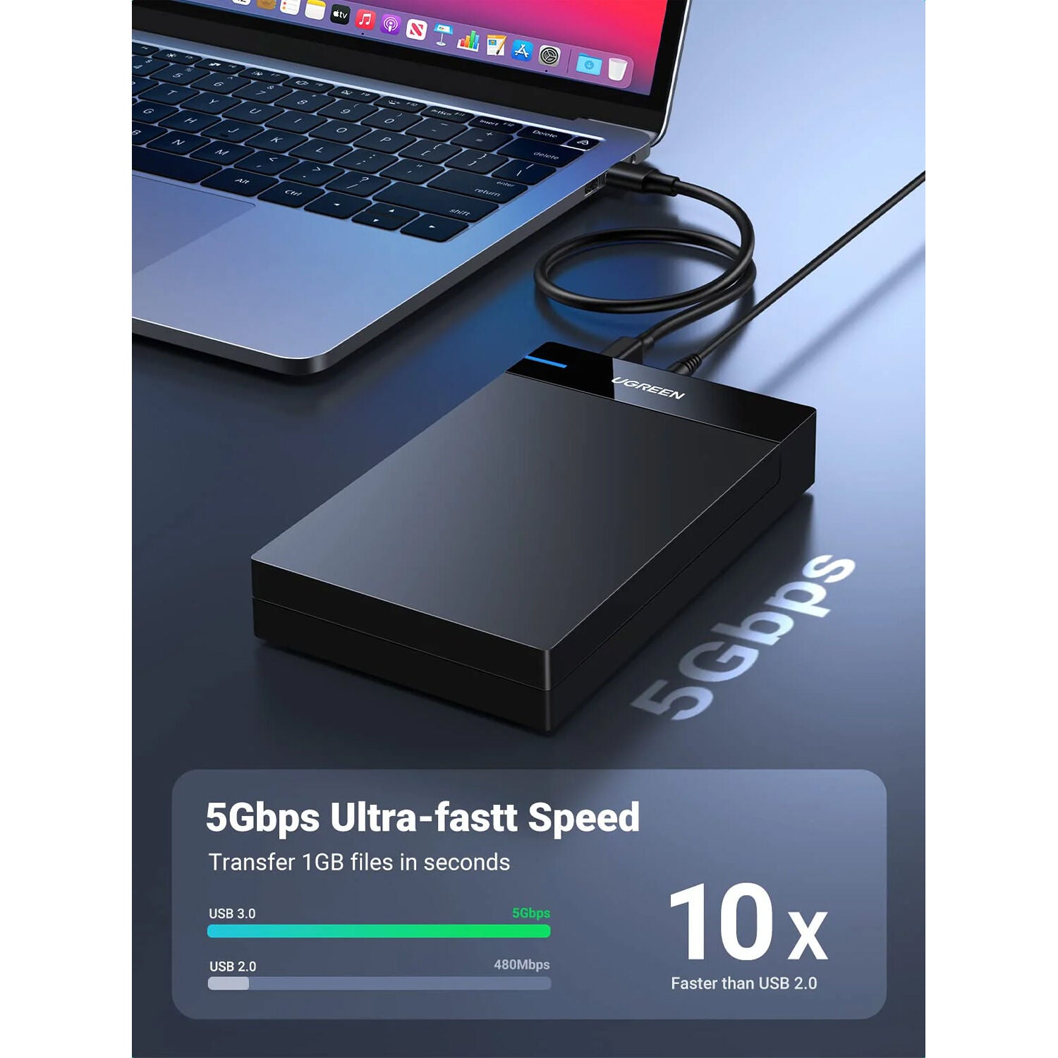 Carcasa de Disco UGREEN 3,5 y 2,5 Pulgadas SATA III USB 3.2 Gen 1 - vista lateral