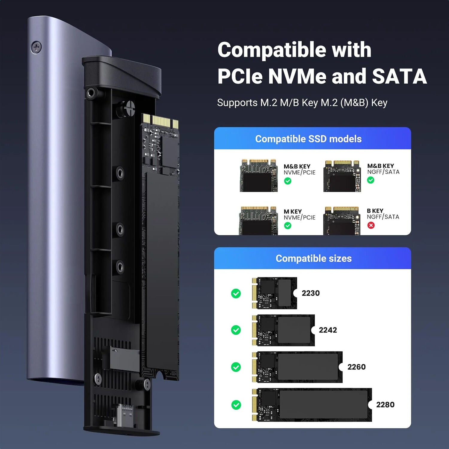 Carcasa de Disco UGREEN Aluminio SSD M.2 NVMe y SATA USB-C 10Gb/s - vista lateral