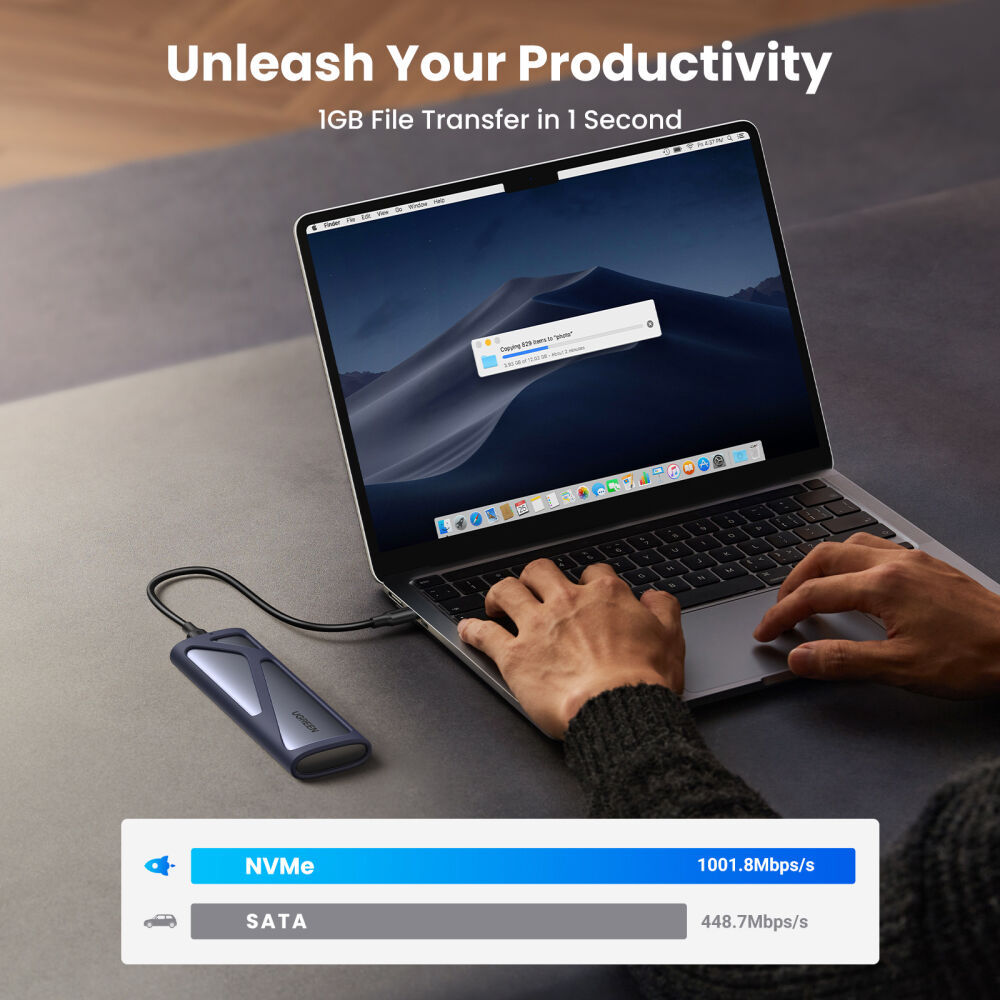 Carcasa de Disco UGREEN SSD M.2 NVMe y SATA USB-C 3.2 Gen 2 10Gb/s - puertos y conexiones