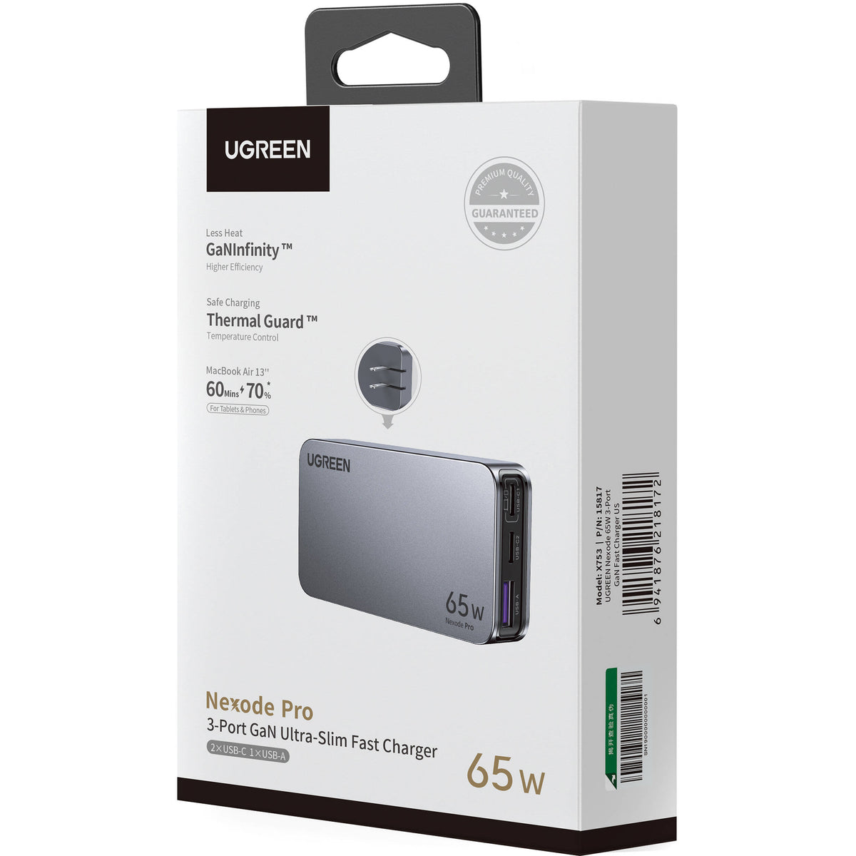 Cargador de Pared UGreen 65W Slim GaN Carga Rápida - vista lateral