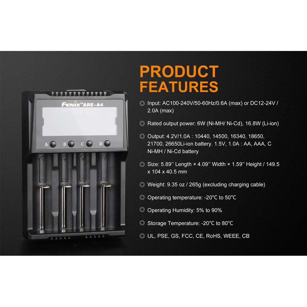 Cargador Fenix Flashlight ARE-A4 - vista lateral