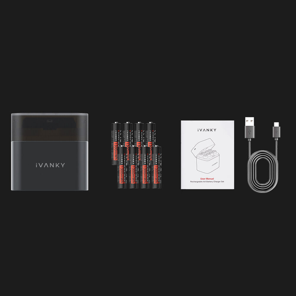 Cargador iVANKY Portable Charging Case con 8-Pack AAA recargables Lithium-Ion - puertos y conexiones