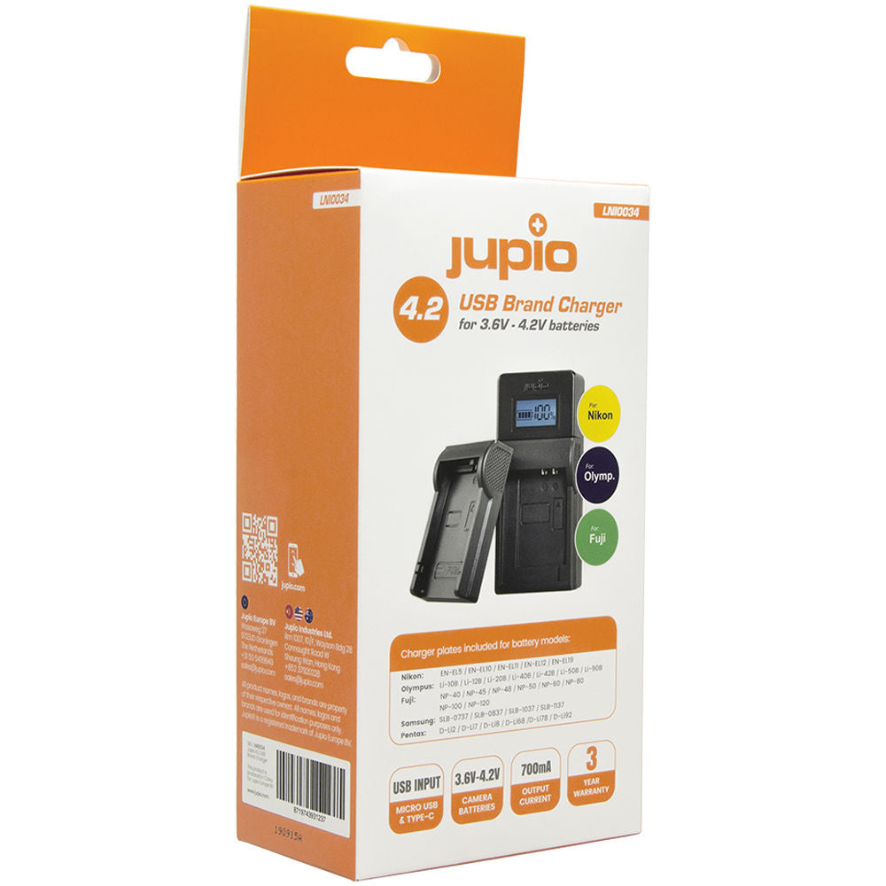 Cargador Jupio USB Kit para Select FUJIFILM, Nikon, Olympus, Pentax, y Samsung (3.6 to 4.2V) - vista frontal