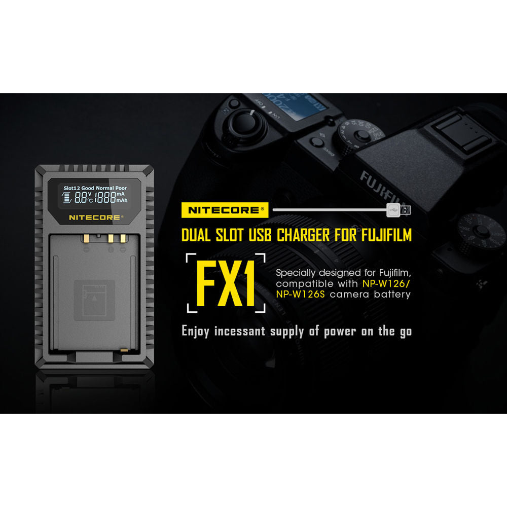 Cargador Nitecore FX1 Dual-Slot USB Travel para FUJIFILM NP-W126 & NP-W126S - vista trasera