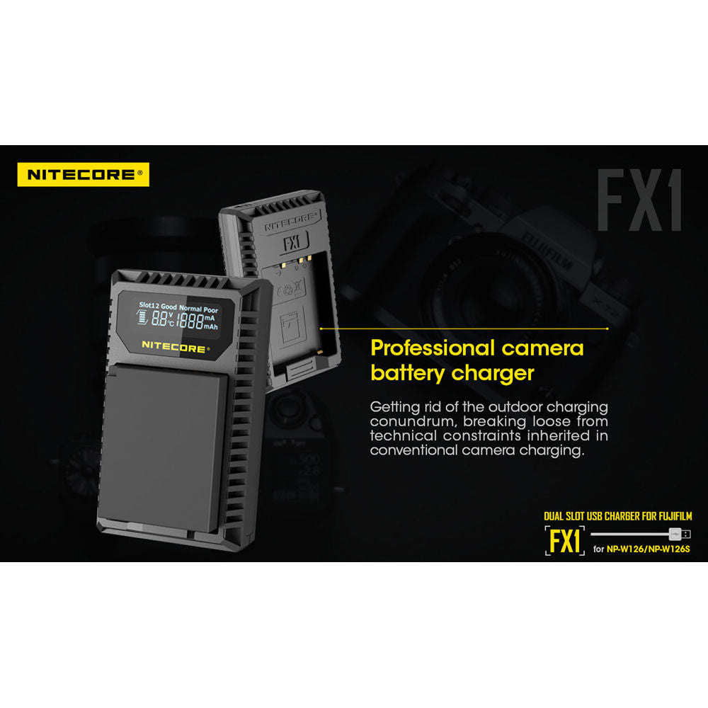 Cargador Nitecore FX1 Dual-Slot USB Travel para FUJIFILM NP-W126 & NP-W126S - vista lateral