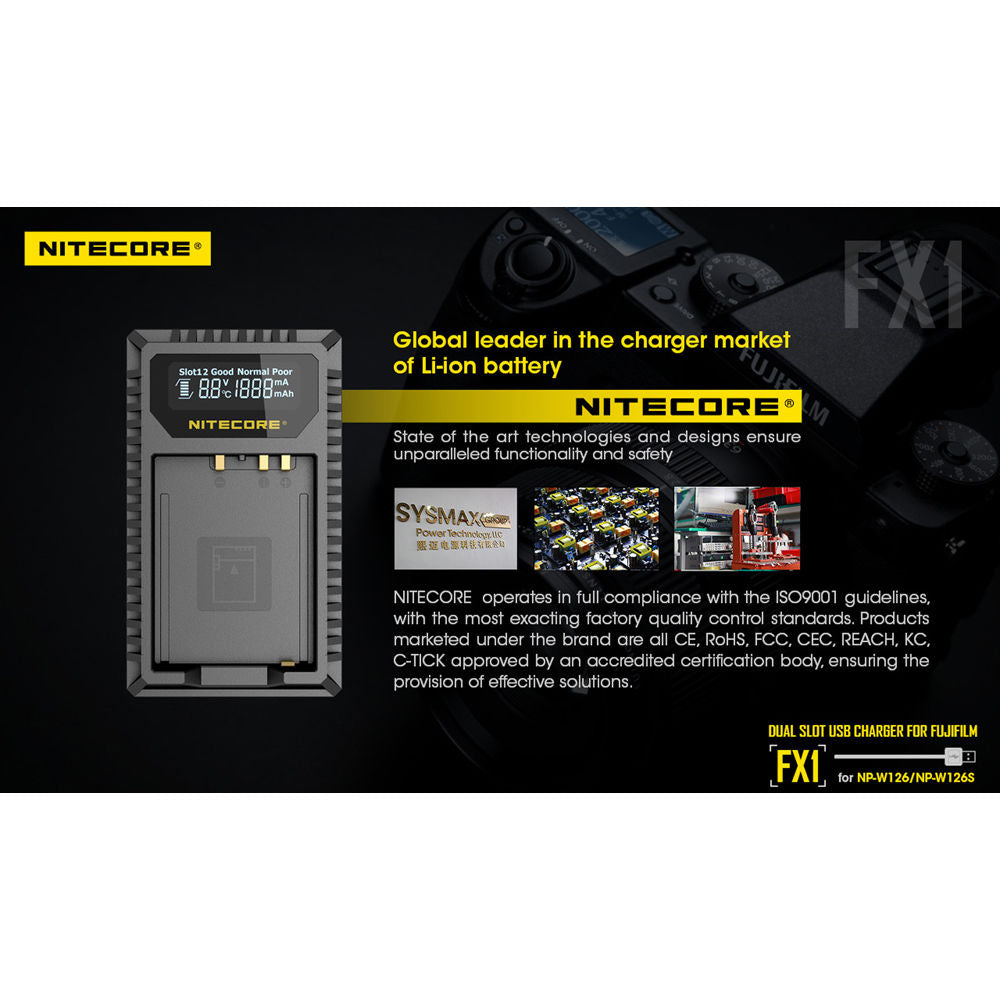 Cargador Nitecore FX1 Dual-Slot USB Travel para FUJIFILM NP-W126 & NP-W126S - puertos y conexiones