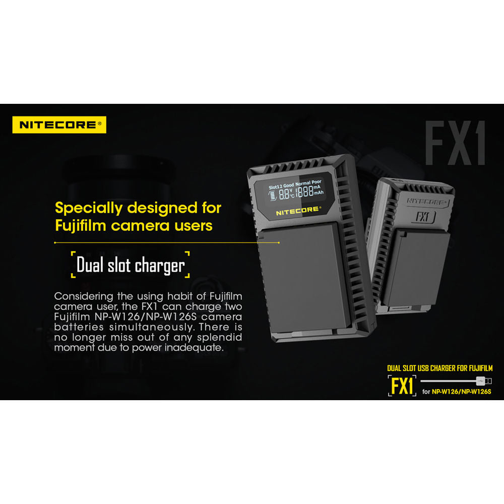 Cargador Nitecore FX1 Dual-Slot USB Travel para FUJIFILM NP-W126 & NP-W126S - detalle