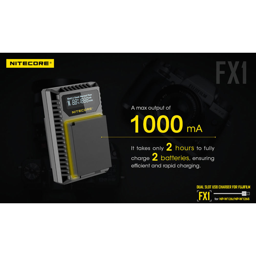 Cargador Nitecore FX1 Dual-Slot USB Travel para FUJIFILM NP-W126 & NP-W126S - contenido de la caja