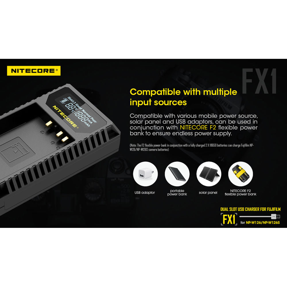 Cargador Nitecore FX1 Dual-Slot USB Travel para FUJIFILM NP-W126 & NP-W126S - en uso