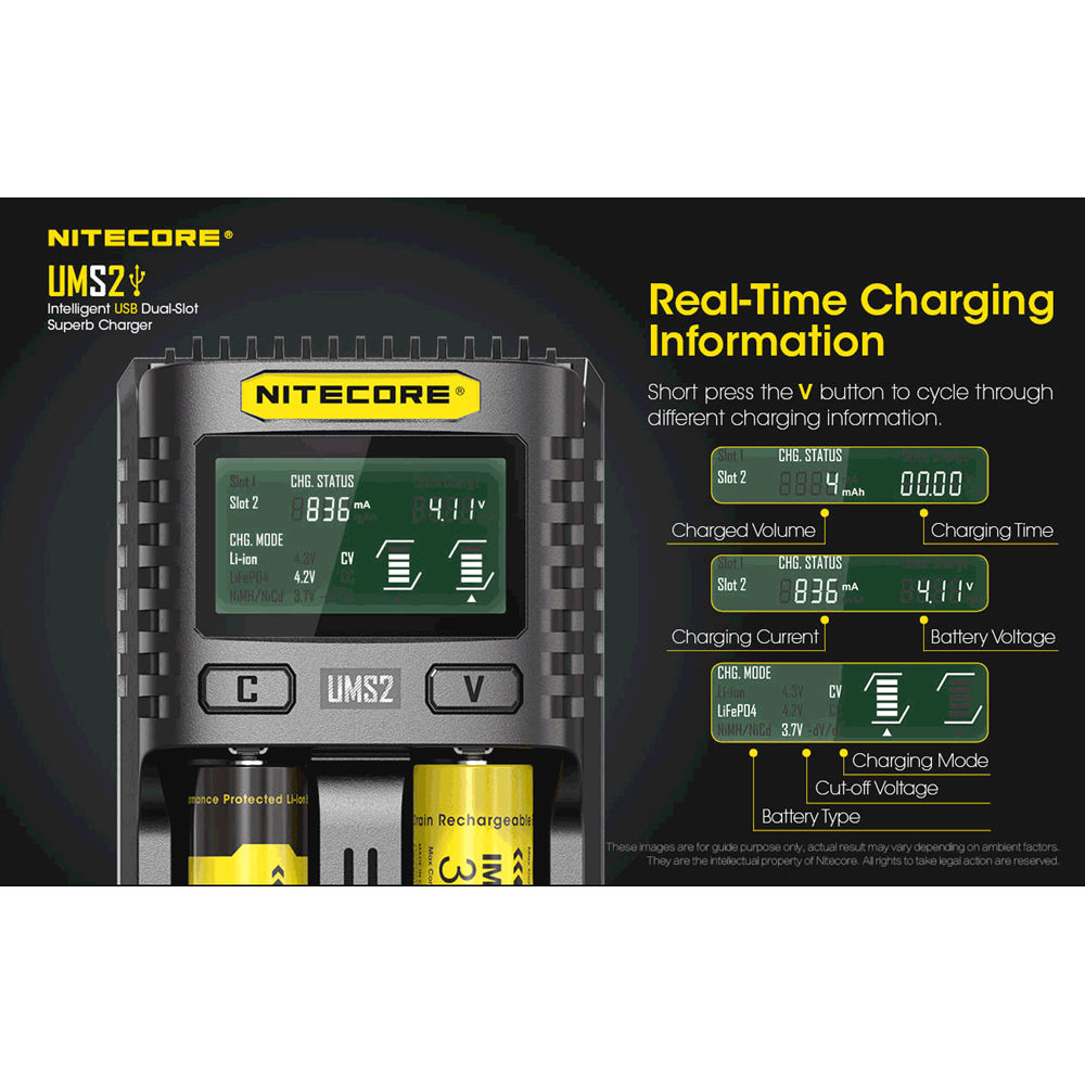Cargador Nitecore UMS2 Intelligent USB Dual-Slot Superb - en uso