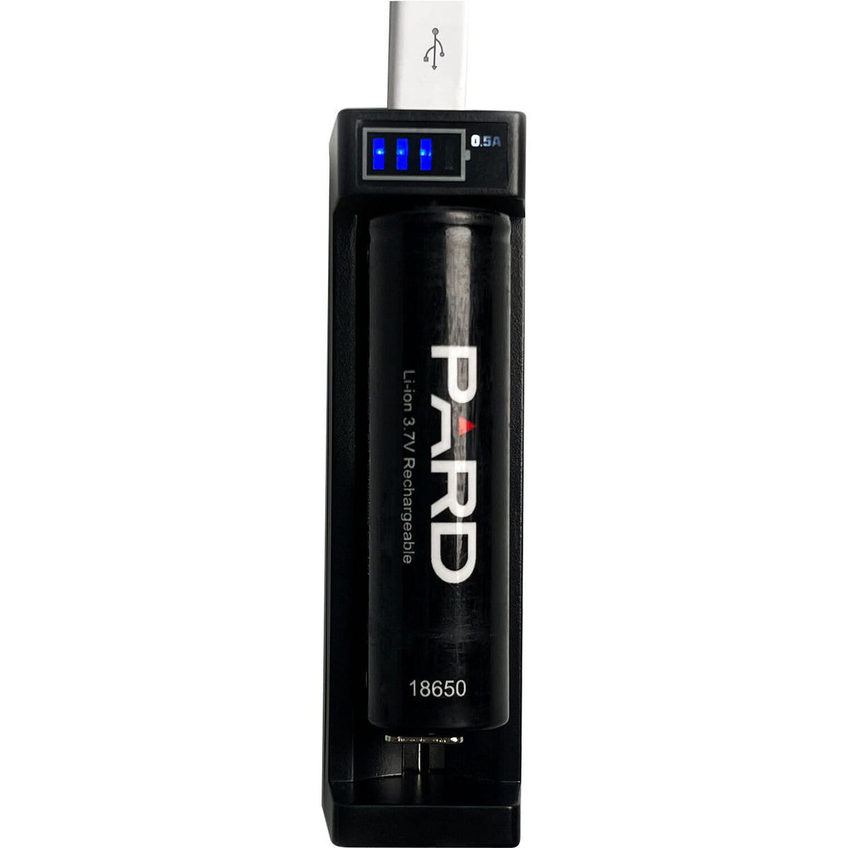 Cargador PARD 1-Slot USB para recargables 18650 - vista frontal