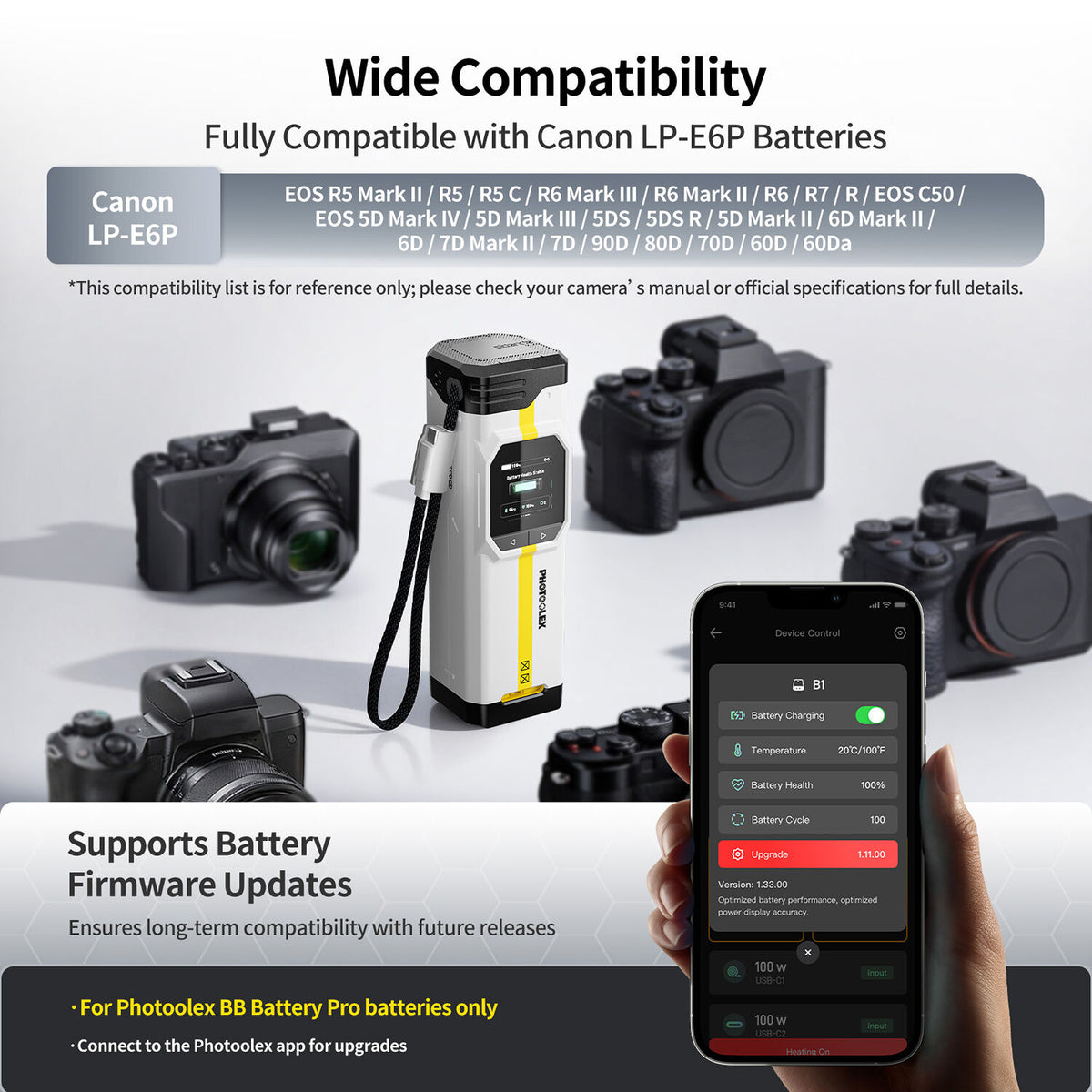 Cargador PHOTOOLEX BB Pro Portable para Canon LP-E6P - puertos y conexiones