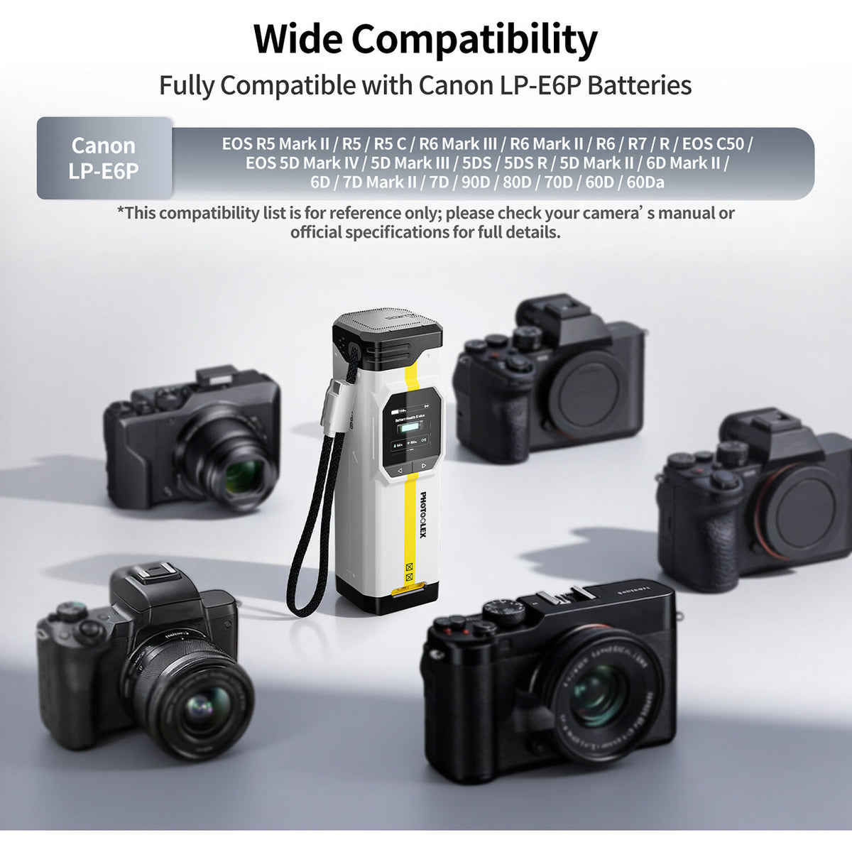 Cargador PHOTOOLEX BB Pro Portable para Canon LP-E6P - en uso