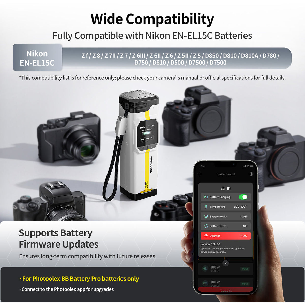 Cargador PHOTOOLEX BB Pro Portable para Nikon EN-EL15C - puertos y conexiones