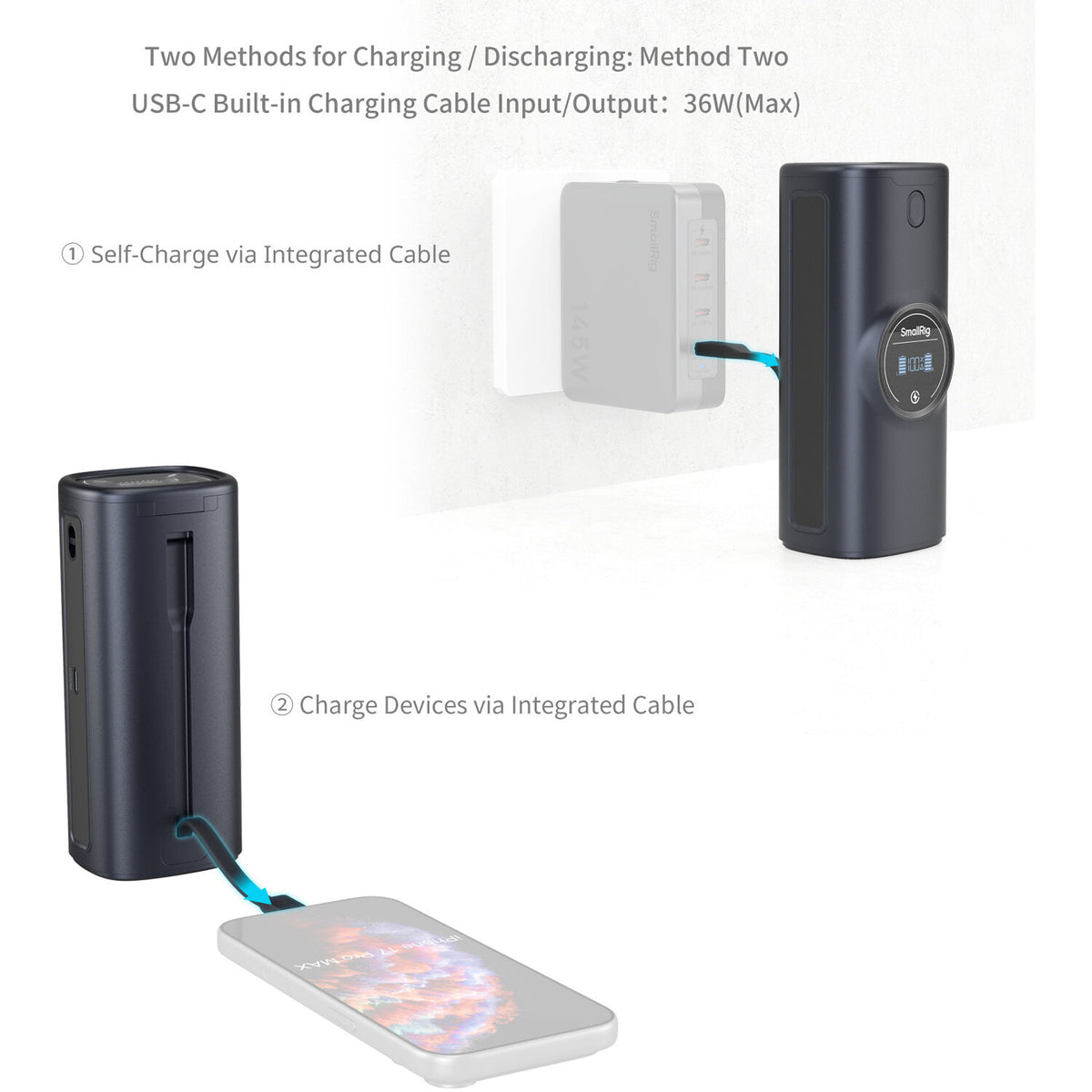 Cargador SmallRig NP-FZ100 Power Bank 2 bahías Case - puertos y conexiones