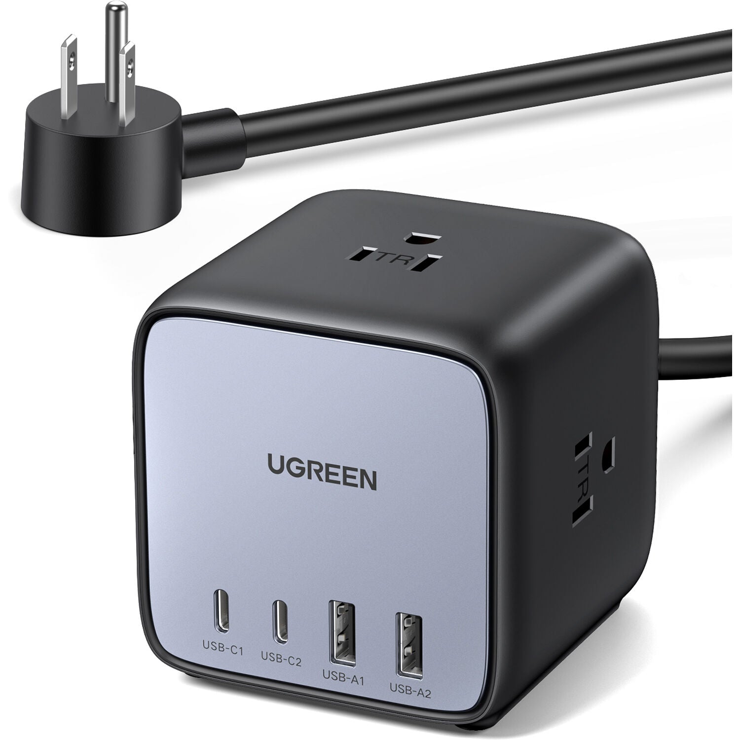 Cargador UGREEN 65W GaN 7 en 1 Cubo con 3 Tomacorrientes y 4 USB - vista lateral
