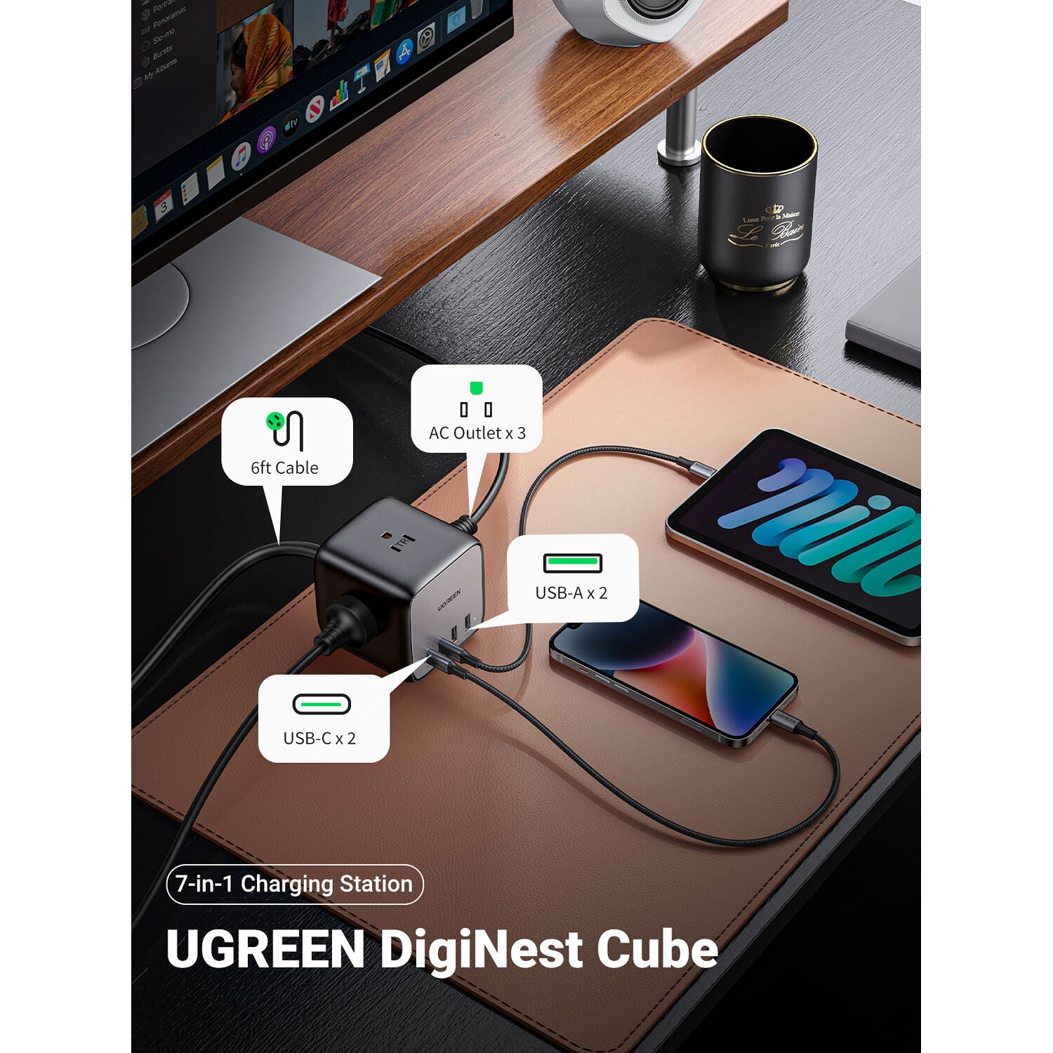 Cargador UGREEN 65W GaN 7 en 1 Cubo con 3 Tomacorrientes y 4 USB - puertos y conexiones
