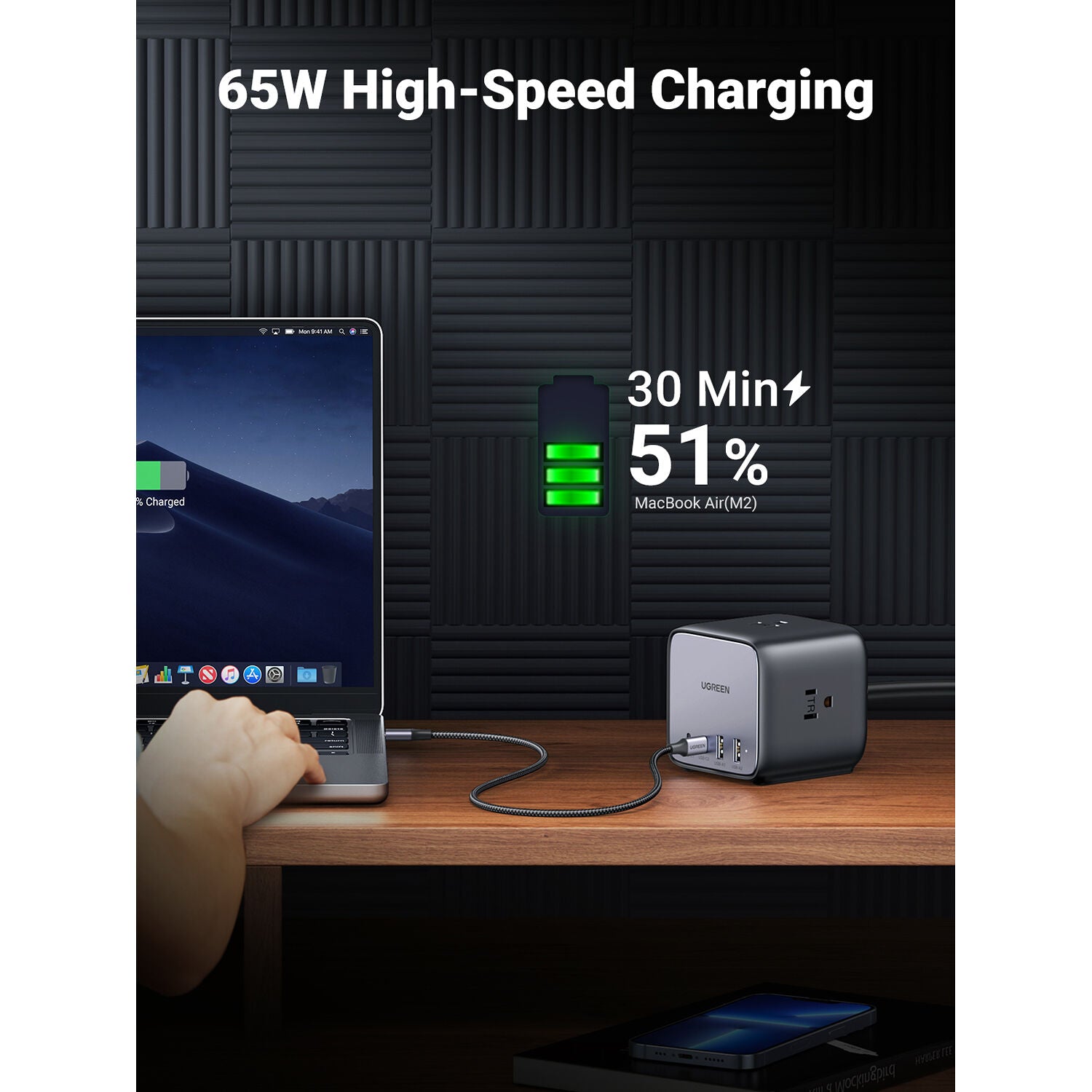 Cargador UGREEN 65W GaN 7 en 1 Cubo con 3 Tomacorrientes y 4 USB - detalle
