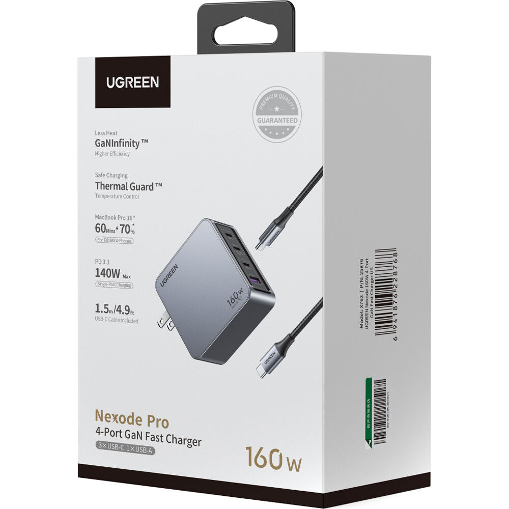 Cargador UGREEN Nexode Pro 160W GaN 4 Puertos USB-C y USB-A - vista lateral
