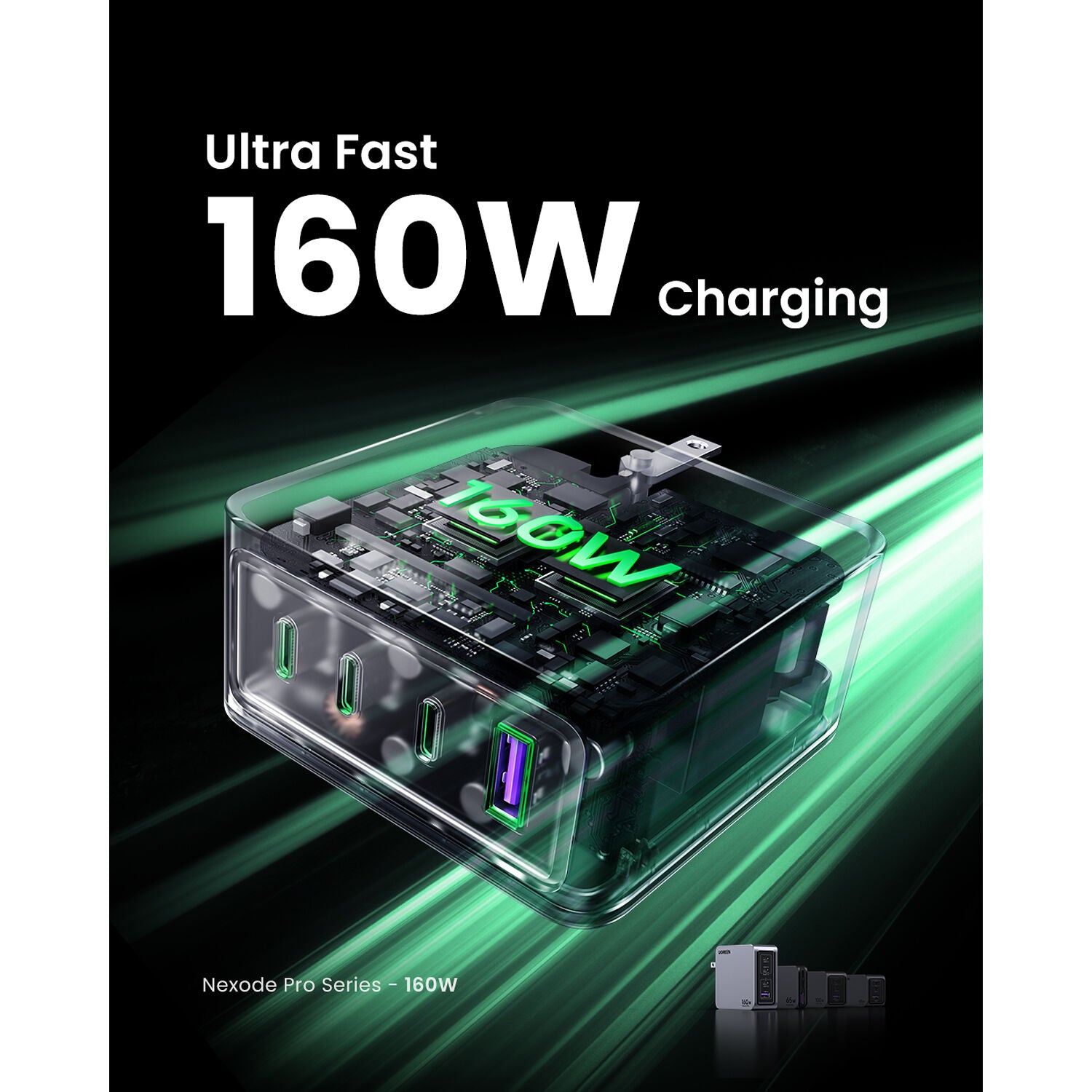 Cargador UGREEN Nexode Pro 160W GaN 4 Puertos USB-C y USB-A - puertos y conexiones