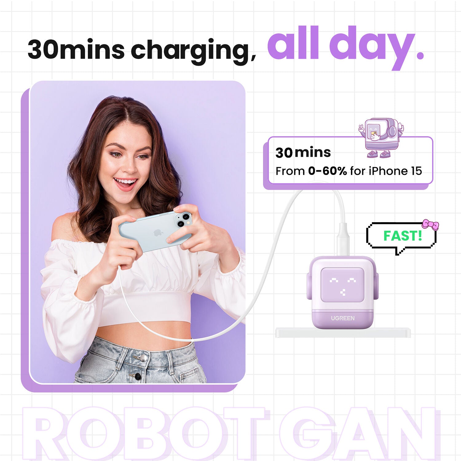 Cargador UGREEN Uno 30W USB-C con Pantalla LED Morado - detalle