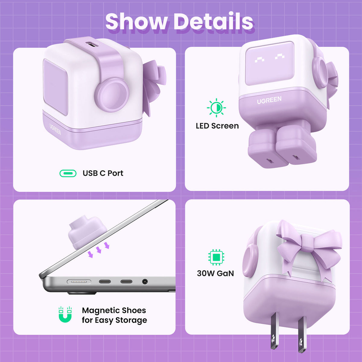 Cargador UGREEN Uno 30W USB-C con Pantalla LED Morado - en uso