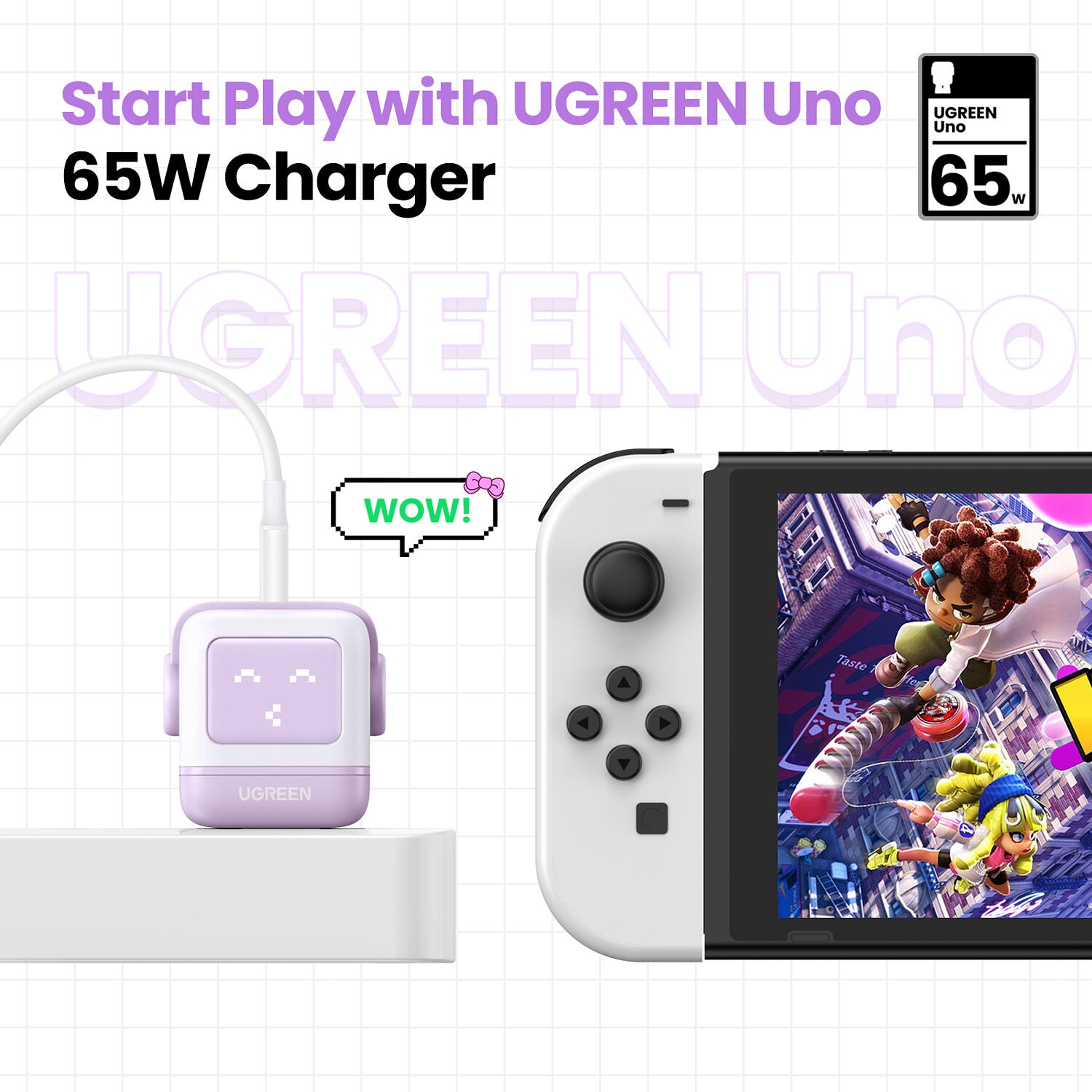 Cargador UGREEN Uno 65W 3 Puertos con Pantalla LED Morado - vista lateral