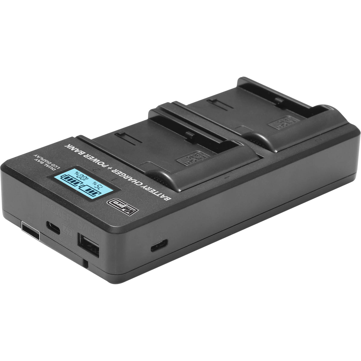 Cargador Vidpro VDL-99 Dual Bay LCD con Power Bank para Panasonic DMW-BLG10, BLH7E, y BLE9E - vista trasera