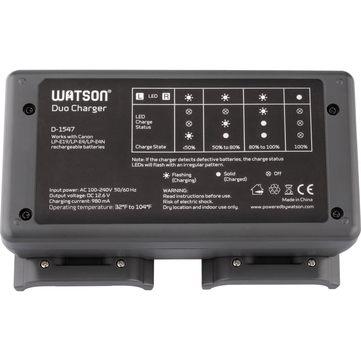 Cargador Watson Duo para Canon LP-E19, LP-E4, y LP-E4N - vista lateral