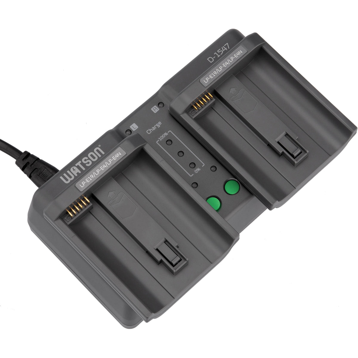 Cargador Watson Duo para Canon LP-E19, LP-E4, y LP-E4N - puertos y conexiones