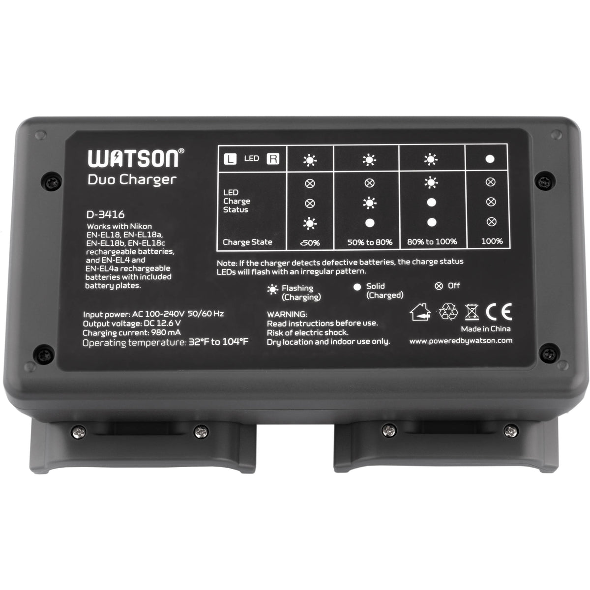Cargador Watson Duo para EN-EL18, EN-EL18a, EN-EL18b, y EN-EL18c y EN-EL4-Series recargables - puertos y conexiones
