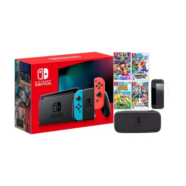 consola-nintendo-switch-super-mario-bros-wonder-super-smash-bros-ultimate-mario-kart-8-deluxe-animal-crossing-new-horizons-bundle-32gb-62-720p-1080p-tv-con-accesorios-neon-blueneon-red