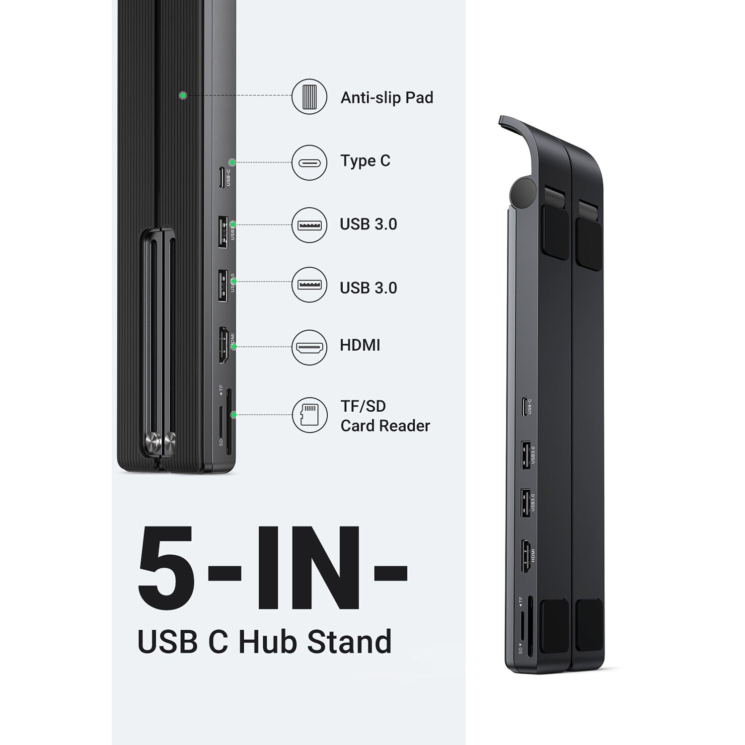 Docking Station UGREEN 5 en 1 con Soporte Regulable para Portátil - puertos y conexiones