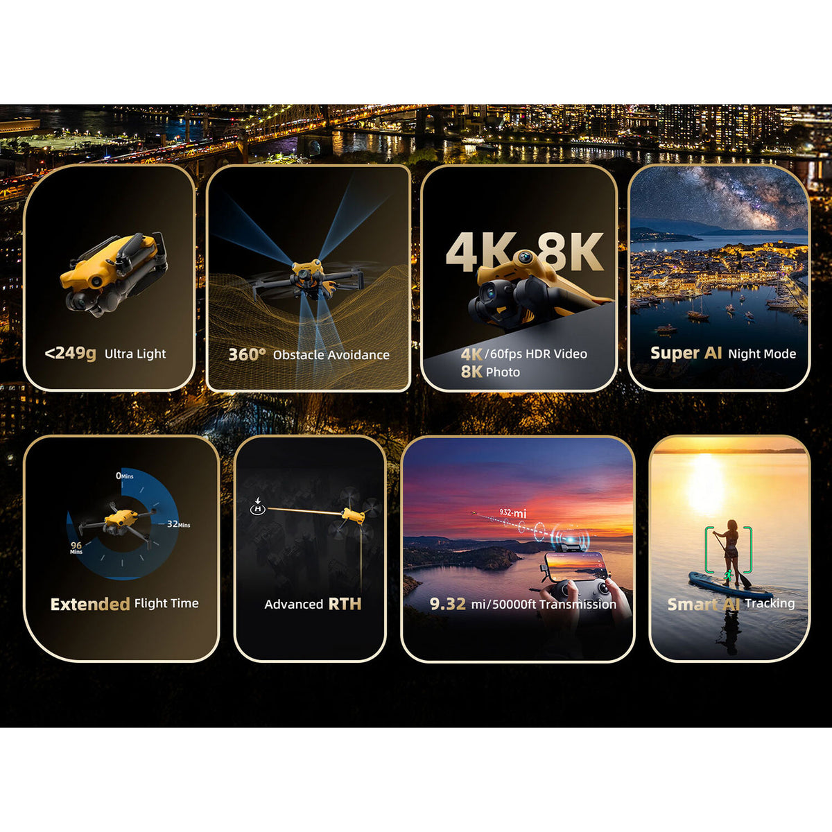 Dron SKYROVER X1 Fly More Combo con Control de Pantalla Amarillo
