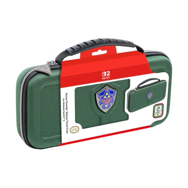 estuche-para-consola-rds-industries-game-traveler-deluxe-hylian-shield-zelda-rigido-con-almacenamiento-para-nintendo-switch-2-switch-oled-y-switch-verde