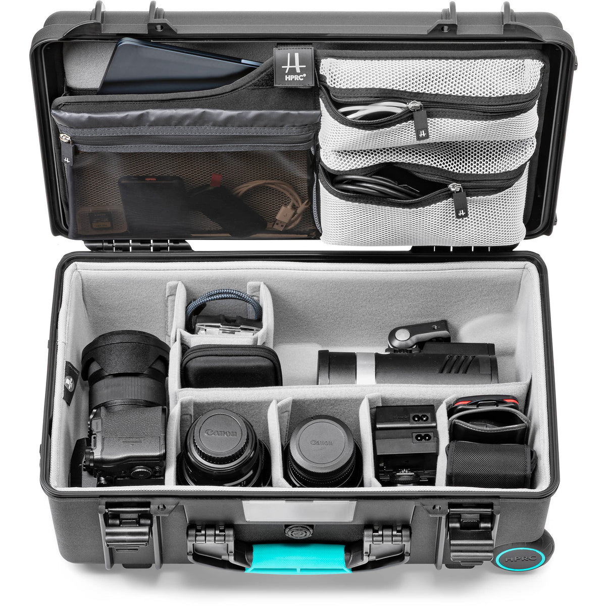Estuche Rígido HPRC 2550 con ruedas con Second Skin & organizador en la tapa - puertos y conexiones
