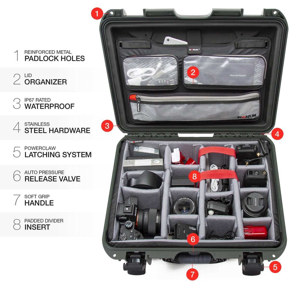 Estuche Rígido Nanuk 930 con Pro Photo Kit (Verde oliva) - detalle