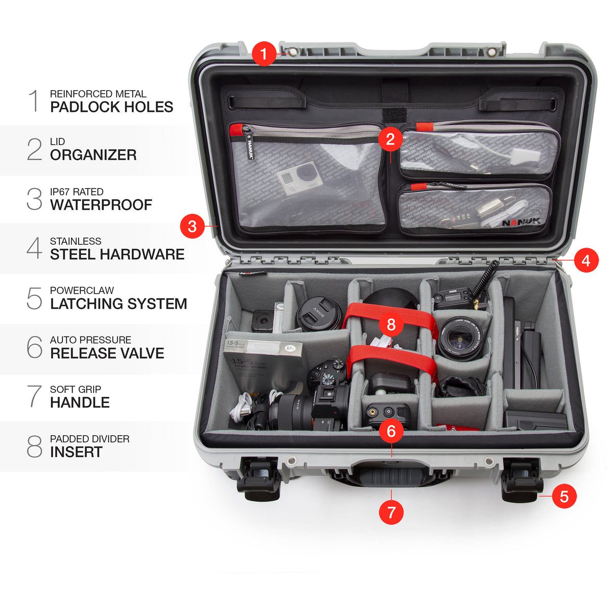 Estuche Rígido Nanuk 935 Pro Photo Kit (Plateado, 28.5L) - puertos y conexiones