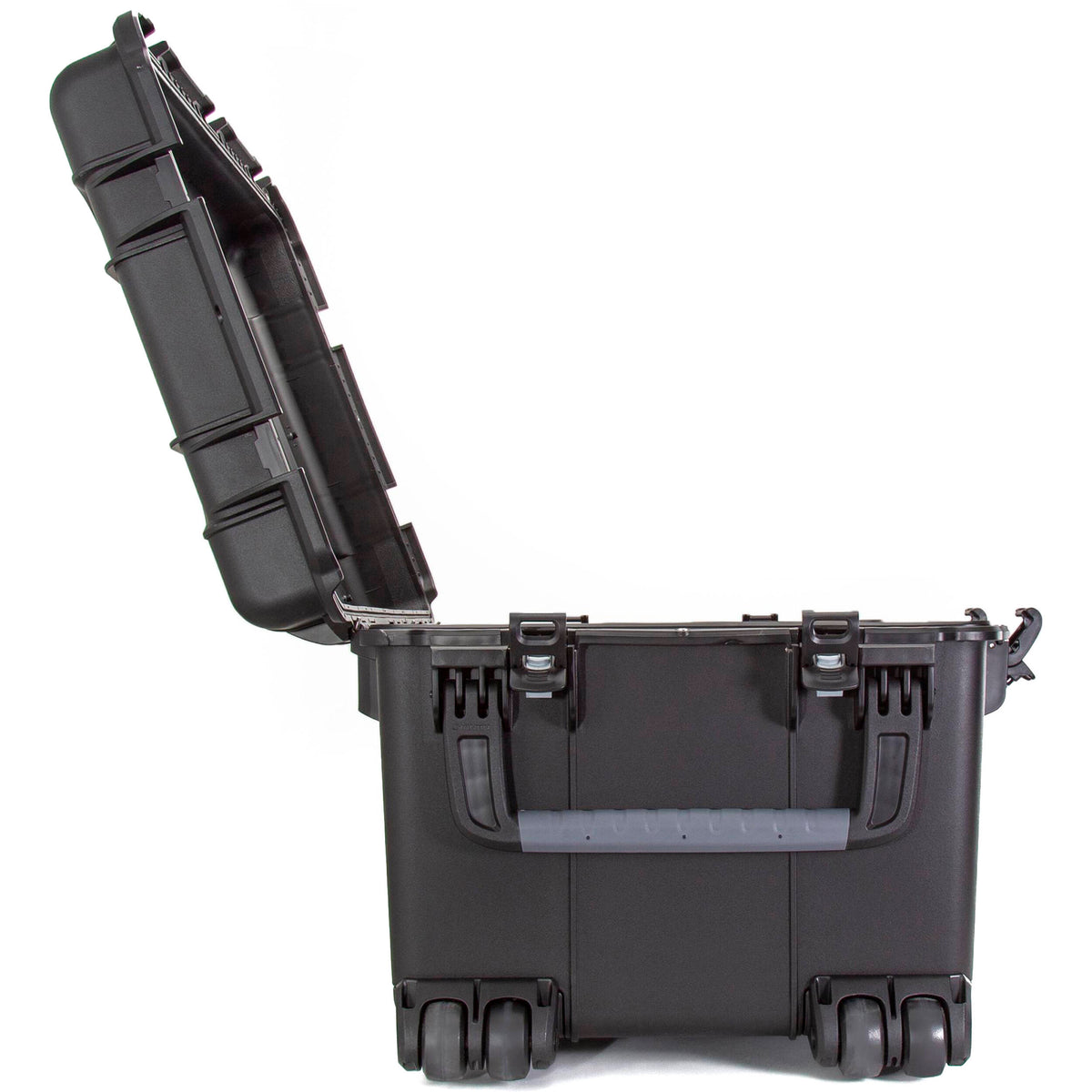 Estuche Rígido Nanuk 975S con ruedas con divisores acolchados y organizador en la tapa (Negro, 186L) - puertos y conexiones