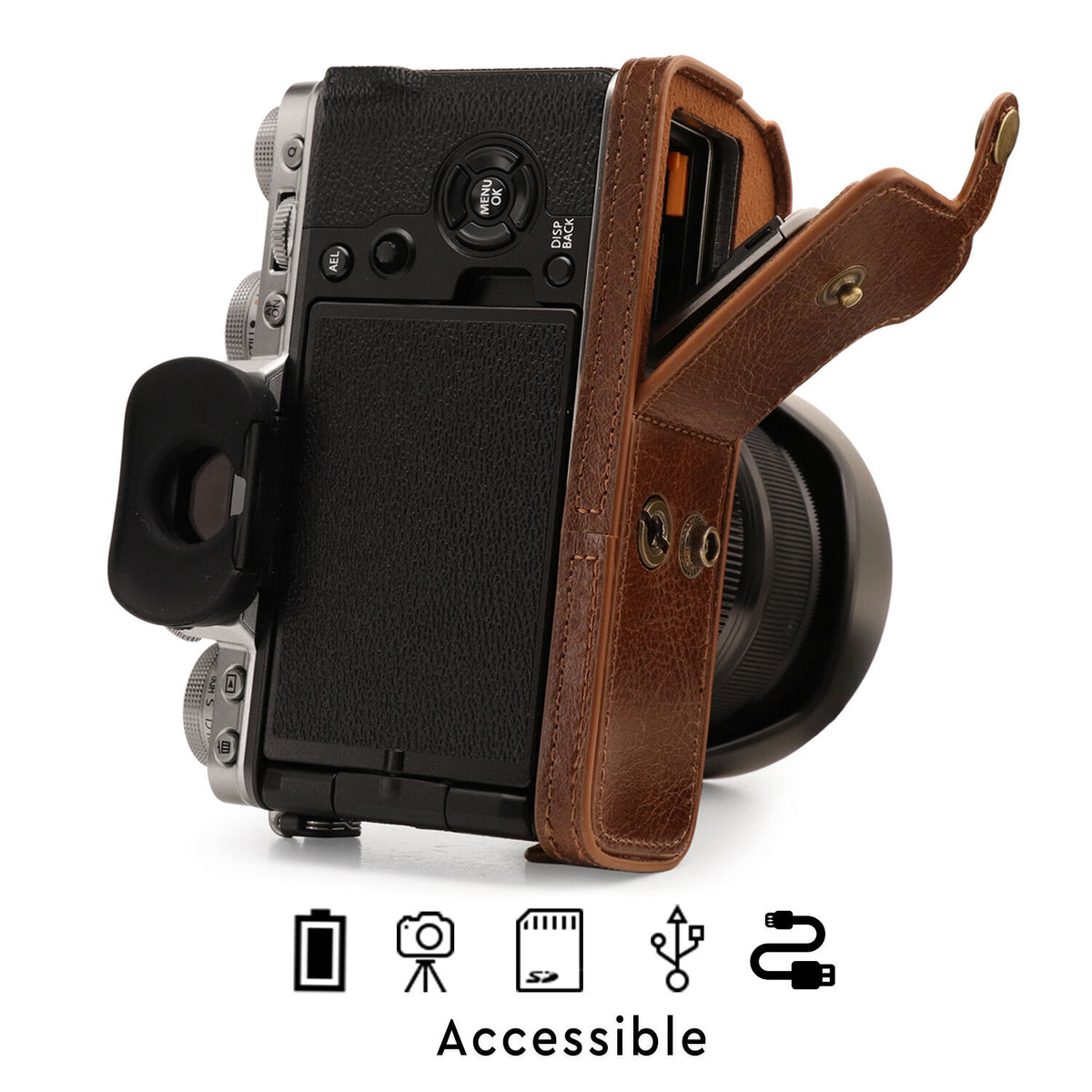 Funda a medida MegaGear Ever Ready Leather para FUJIFILM X-T4 con XF 16-80mm Lens (Brown) - contenido de la caja