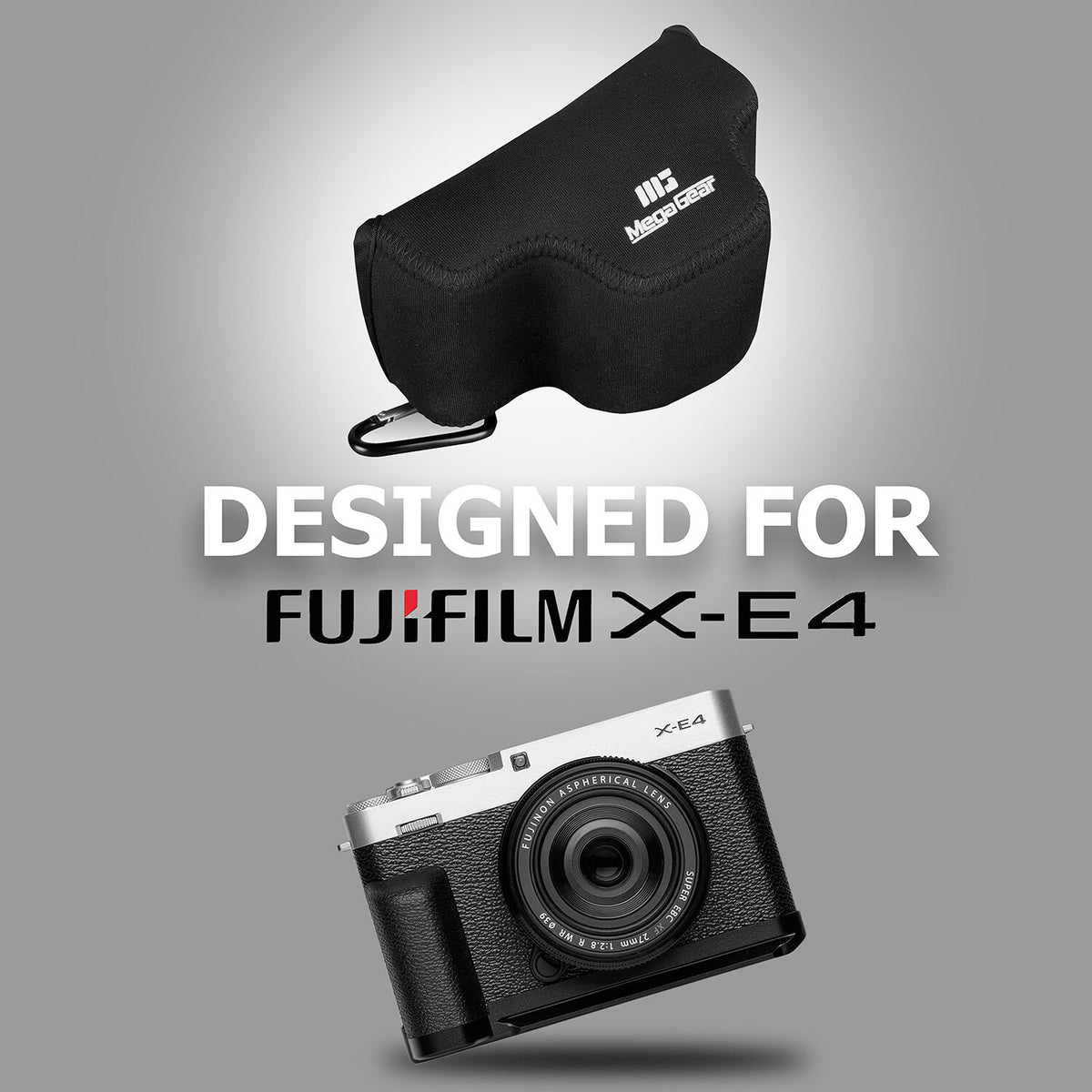 Funda a medida MegaGear Ultralight neopreno para FUJIFILM X-E4 con XF 27mm f/2.8 R WR Lens (Negro) - en uso