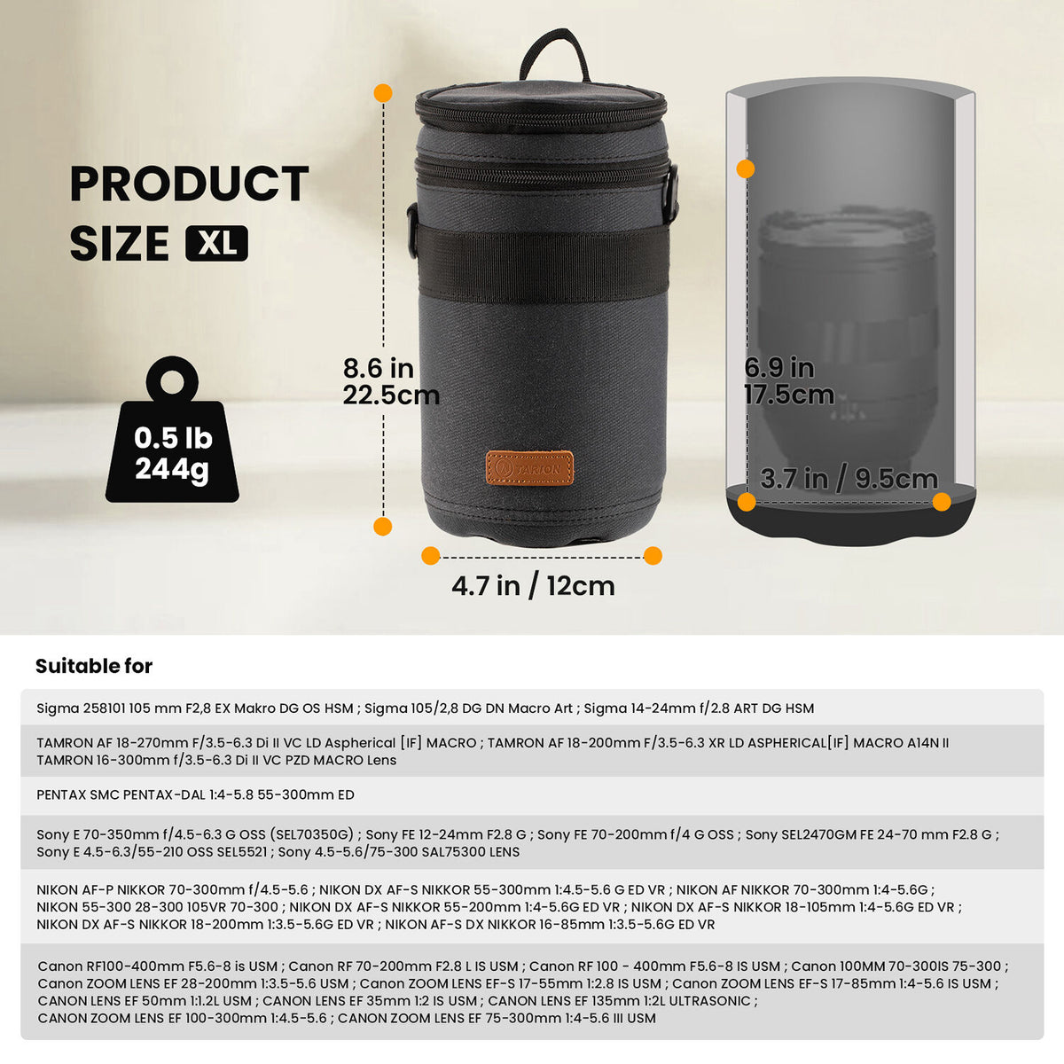 Funda para Lente TARION Hard-Shell (Negro, 3.7 x 6.9") - en uso