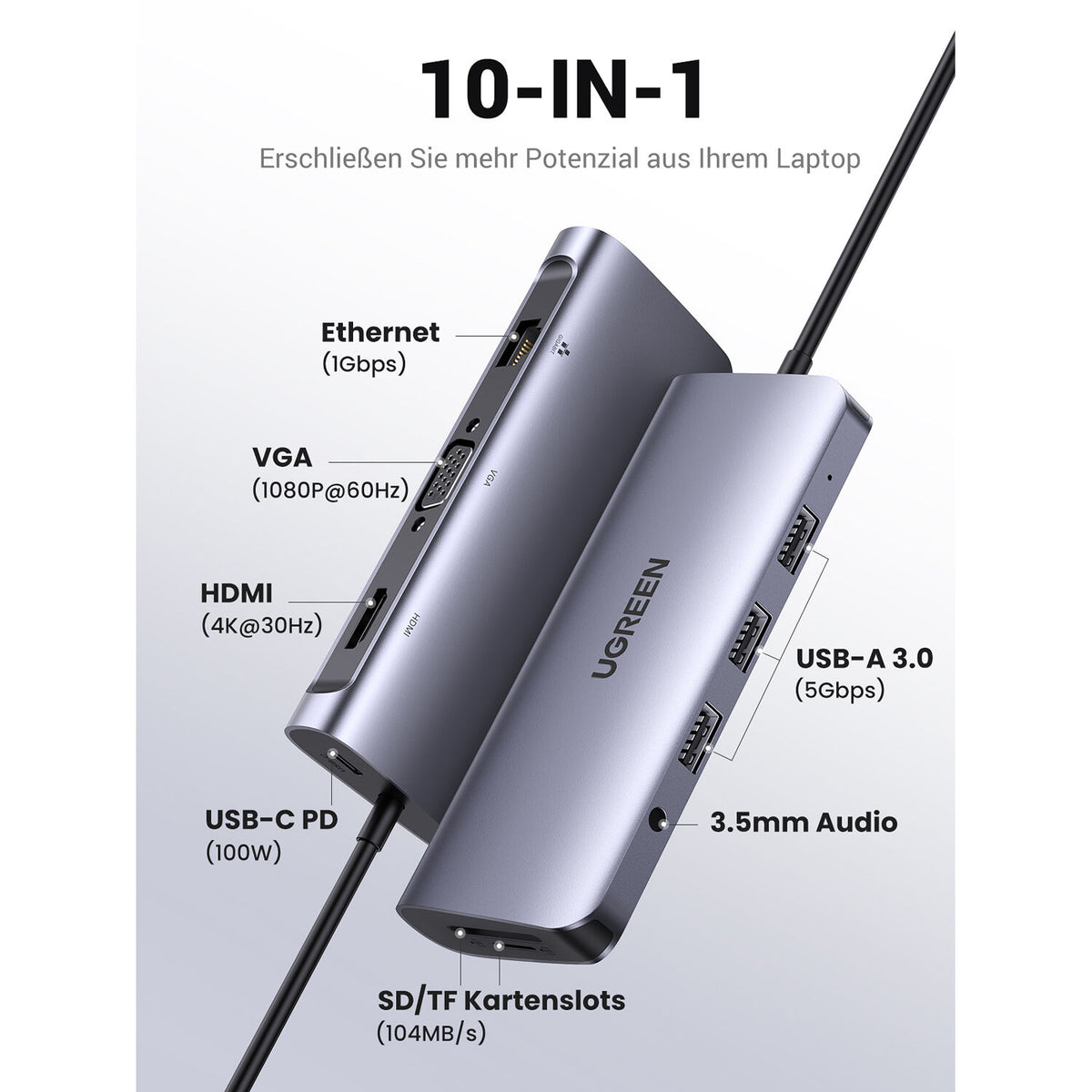 Hub USB UGREEN 10 en 1 USB-C con HDMI 4K, VGA, Ethernet y Lector SD - vista frontal