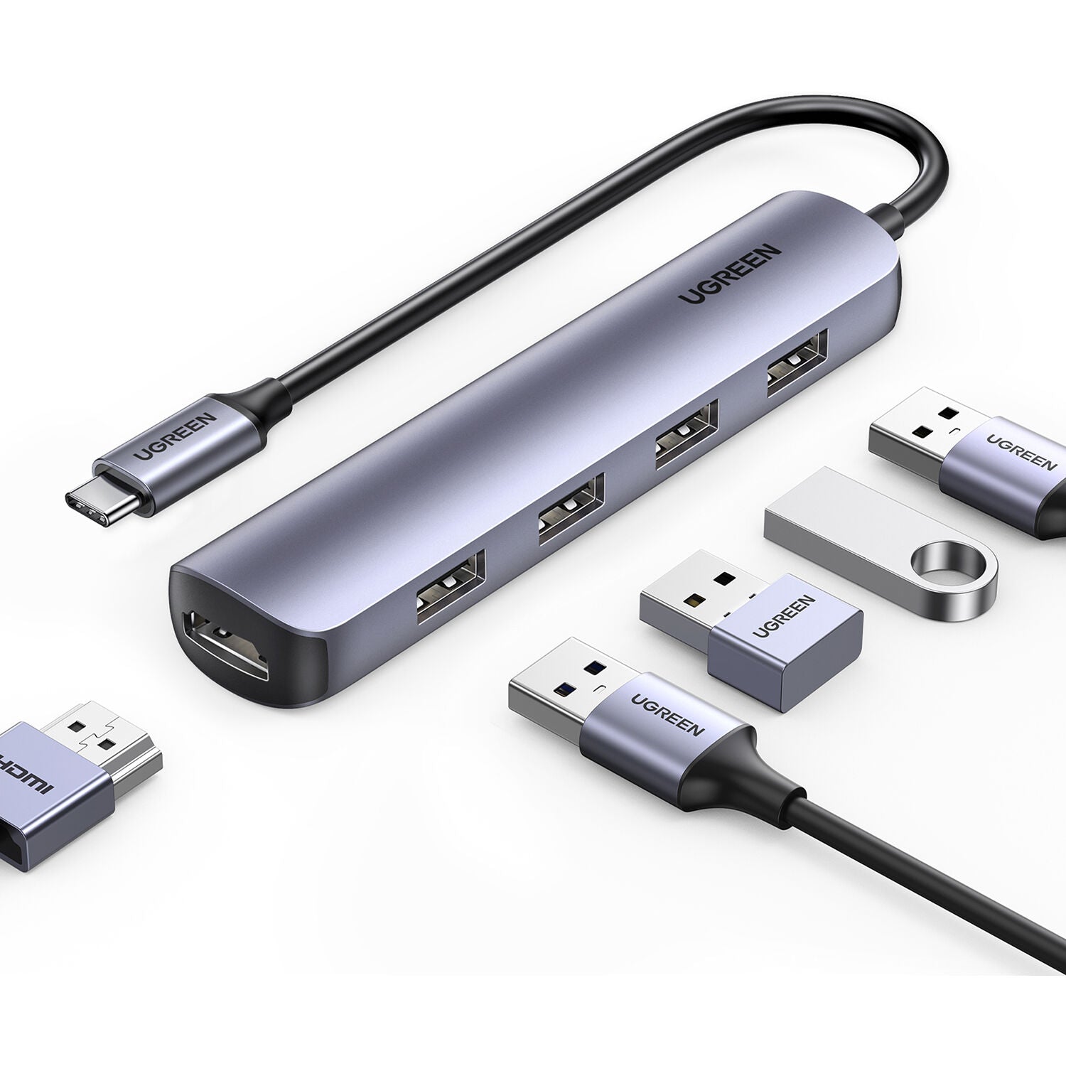 Hub USB UGREEN 5 en 1 USB-C con 4 Puertos USB-A y HDMI 4K - vista frontal
