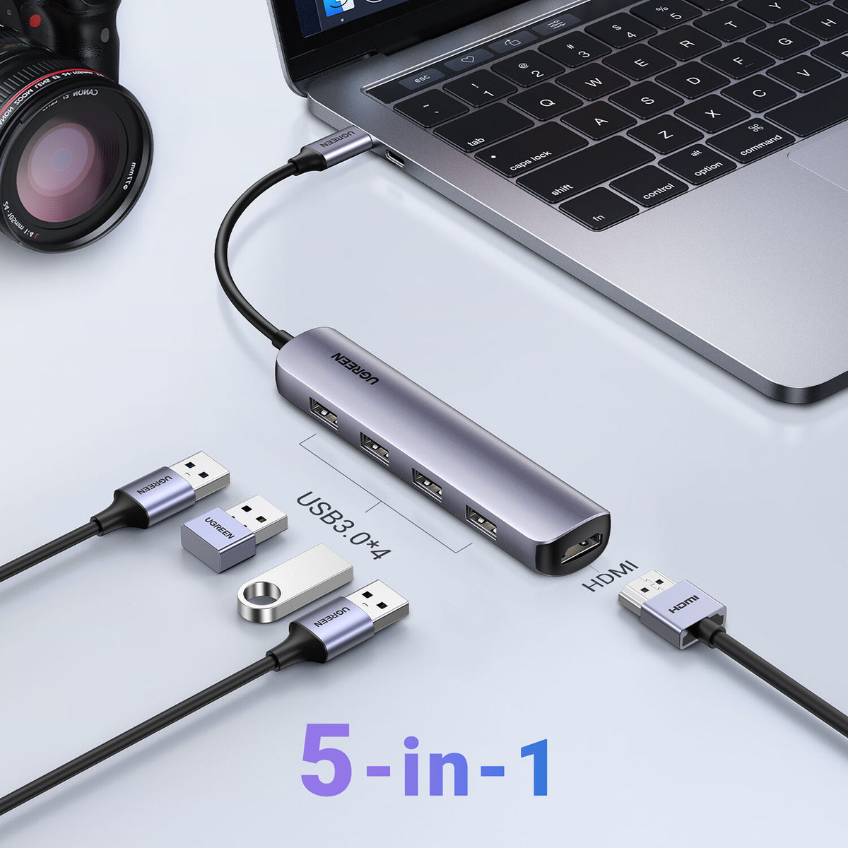 Hub USB UGREEN 5 en 1 USB-C con 4 Puertos USB-A y HDMI 4K - detalle