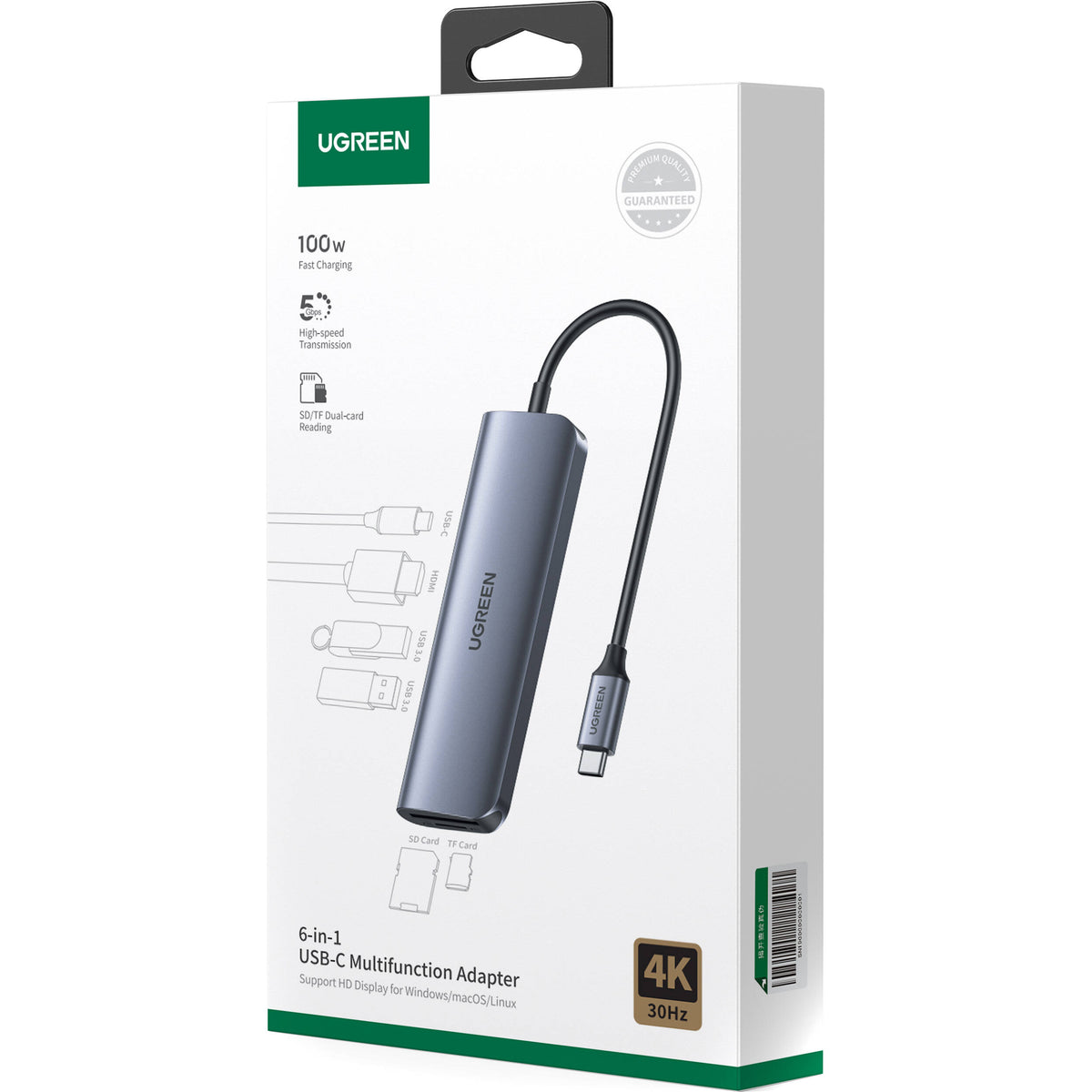 Hub USB UGREEN 6 en 1 USB-C con HDMI 4K y Lector SD/microSD - vista frontal