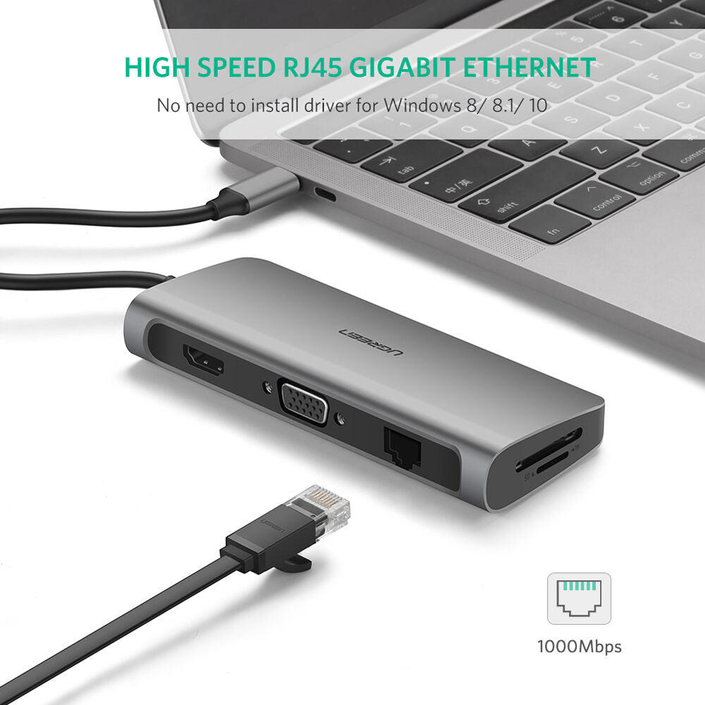 Hub USB UGREEN 9 en 1 USB-C con HDMI, VGA, Ethernet y Lector SD - vista frontal