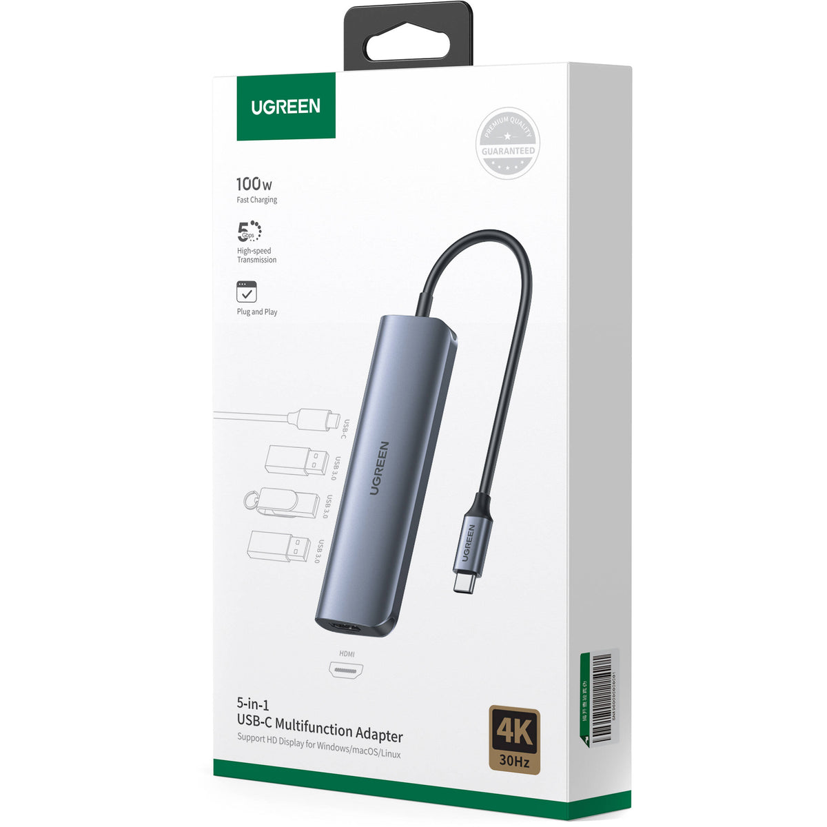 Hub USB UGREEN USB-C a HDMI con 3 Puertos USB-A y Carga 100W - vista frontal