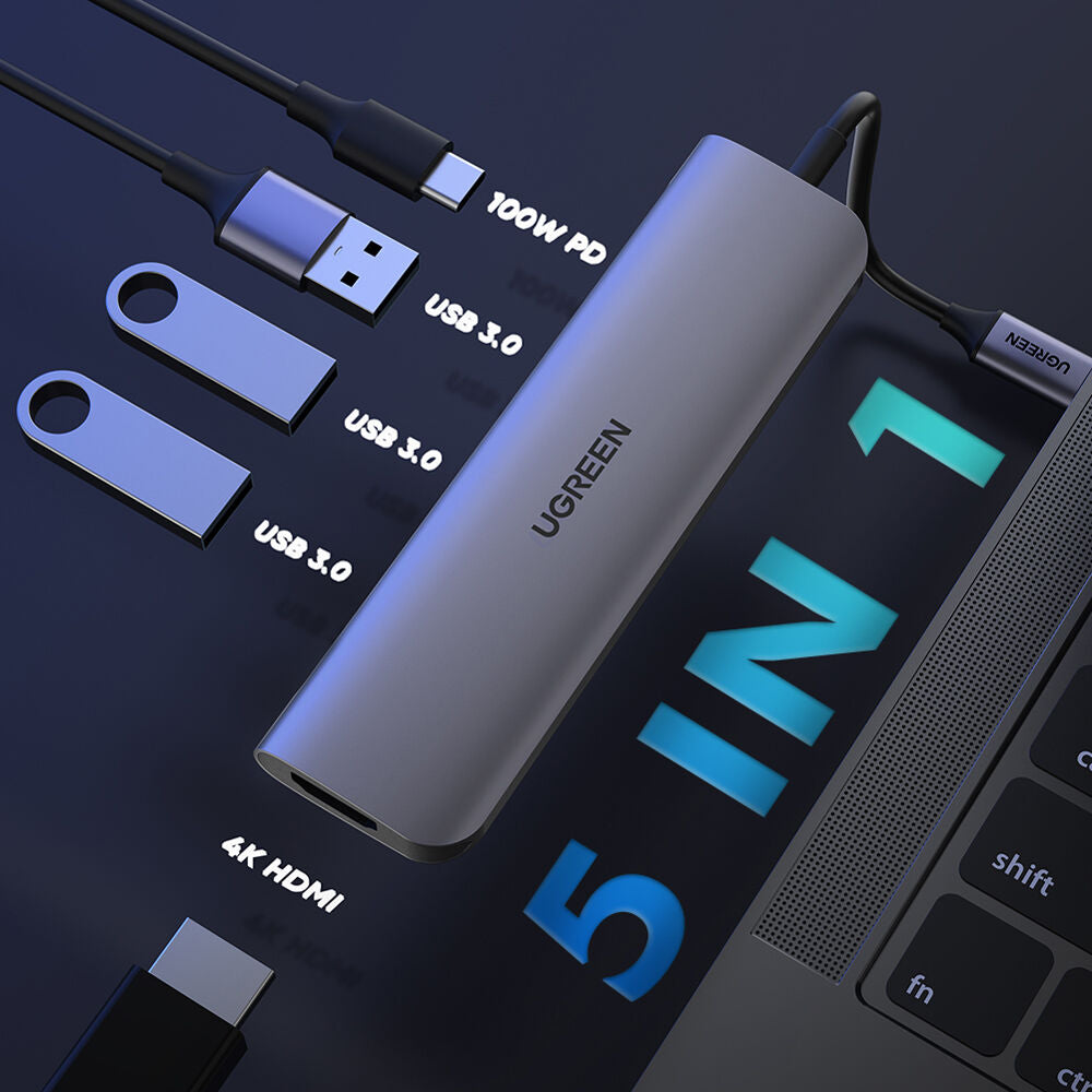 Hub USB UGREEN USB-C a HDMI con 3 Puertos USB-A y Carga 100W - vista trasera