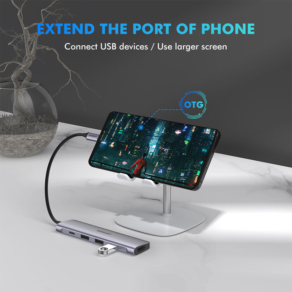 Hub USB UGREEN USB-C a HDMI con 3 Puertos USB-A y Carga 100W - puertos y conexiones